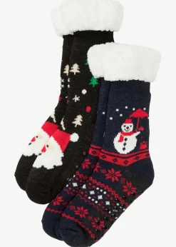 bonprix Mehrfachpacks|Mädchen·Strümpfe^Kuschelsocken mit Teddyfutter (2er Pack) dunkelblau/schwarz gemustert