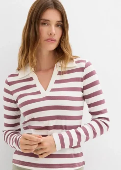 bonprix Nachhaltigere Materialien|Shirts & Tops^Langarm-Poloshirt aus Rippe wollweiß/matt violett gestreift