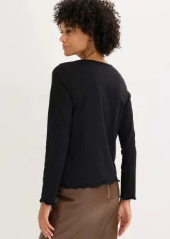bonprix Shirts & Tops^Langarmshirt aus Baumwollstretch schwarz/kieselbeige/rehbraun