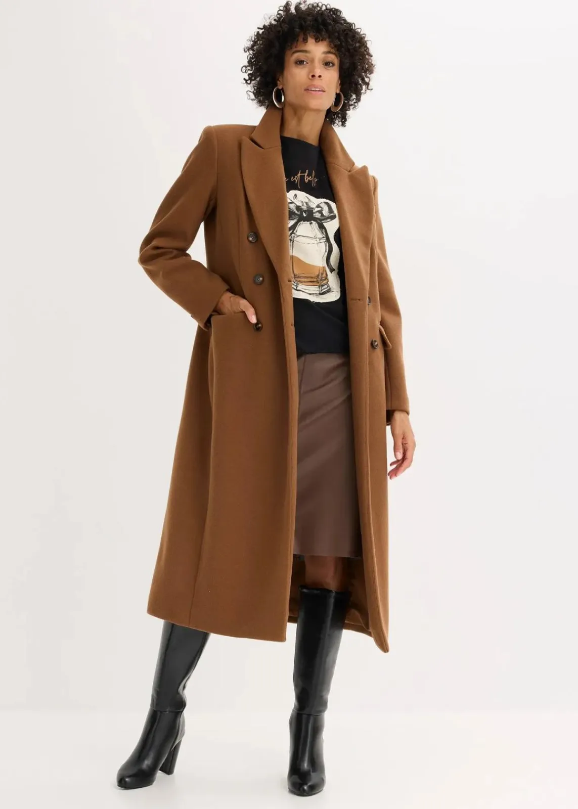 bonprix Shirts & Tops^Langarmshirt aus Baumwollstretch schwarz/kieselbeige/rehbraun