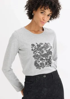 bonprix Shirts & Tops|Nachhaltigere Materialien^Langarmshirt aus Bio-Baumwolle mit dekorativem Print hellgrau meliert/schwarz