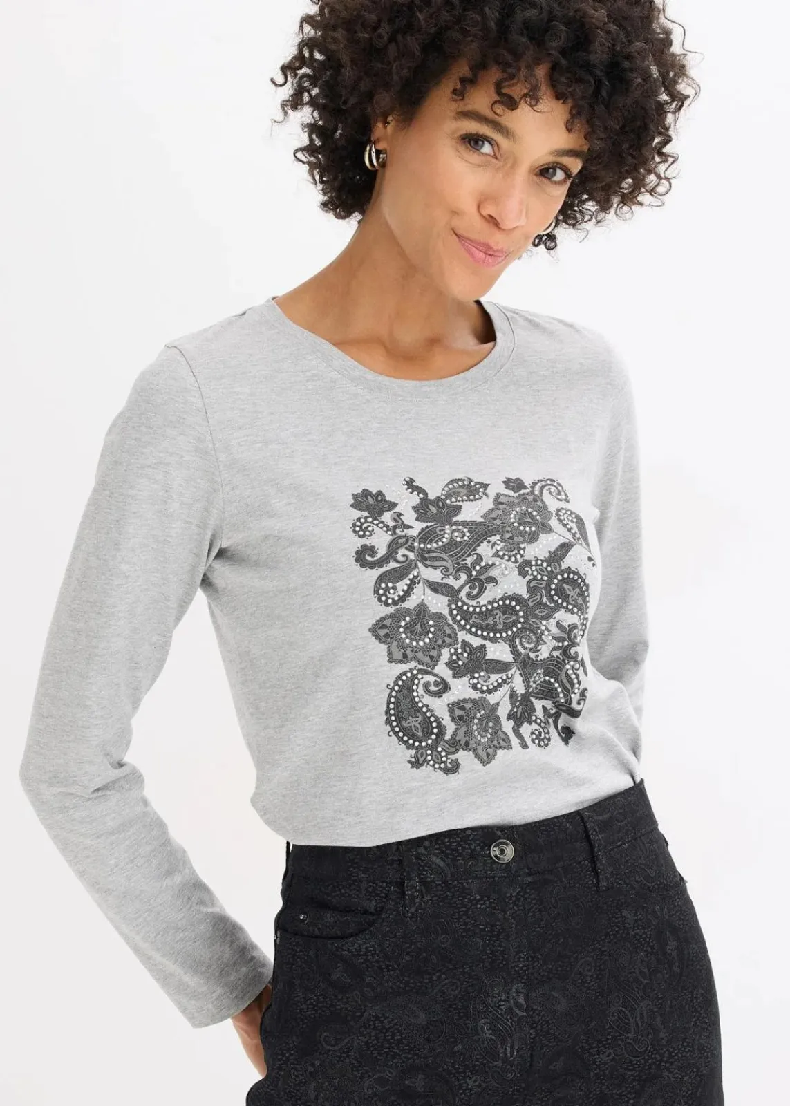 bonprix Shirts & Tops|Nachhaltigere Materialien^Langarmshirt aus Bio-Baumwolle mit dekorativem Print hellgrau meliert/schwarz