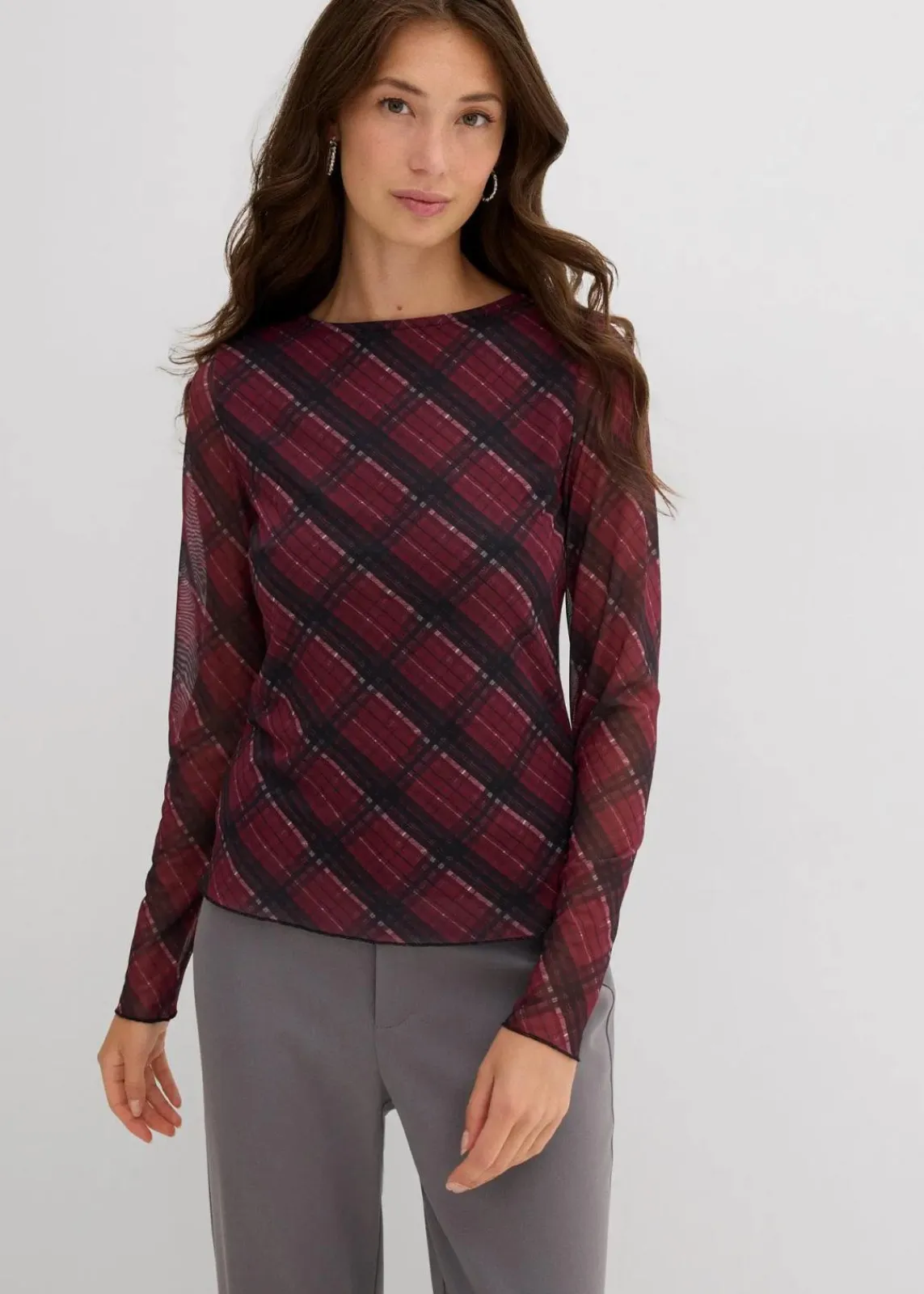 bonprix Shirts & Tops^Langarmshirt aus feinem Mesh dunkelrot kariert