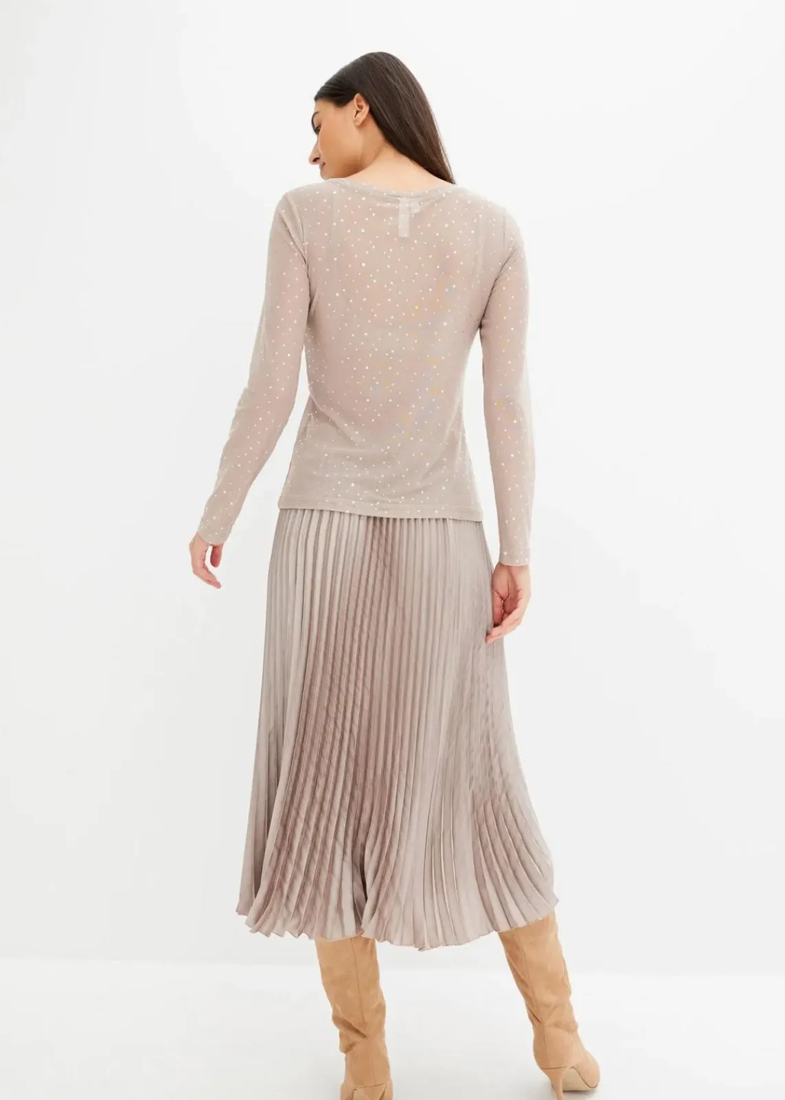 bonprix Nachhaltigere Materialien|Shirts & Tops^Langarmshirt aus Glitzer-Mesh naturstein bedruckt