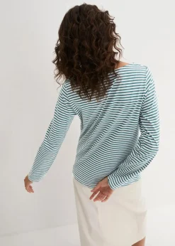 bonprix Shirts & Tops^Langarmshirt aus reiner Baumwolle pfeffergrün / weiss gestreift