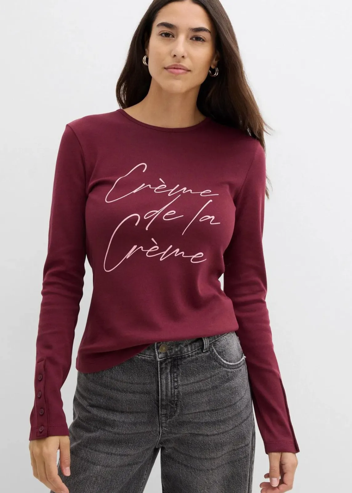bonprix Nachhaltigere Materialien|Shirts & Tops^Langarmshirt aus reiner Baumwolle dunkelbeere/aschrosa