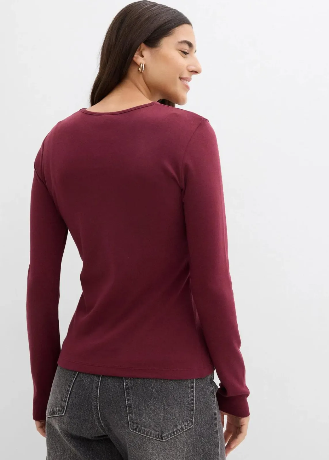 bonprix Nachhaltigere Materialien|Shirts & Tops^Langarmshirt aus reiner Baumwolle dunkelbeere/aschrosa