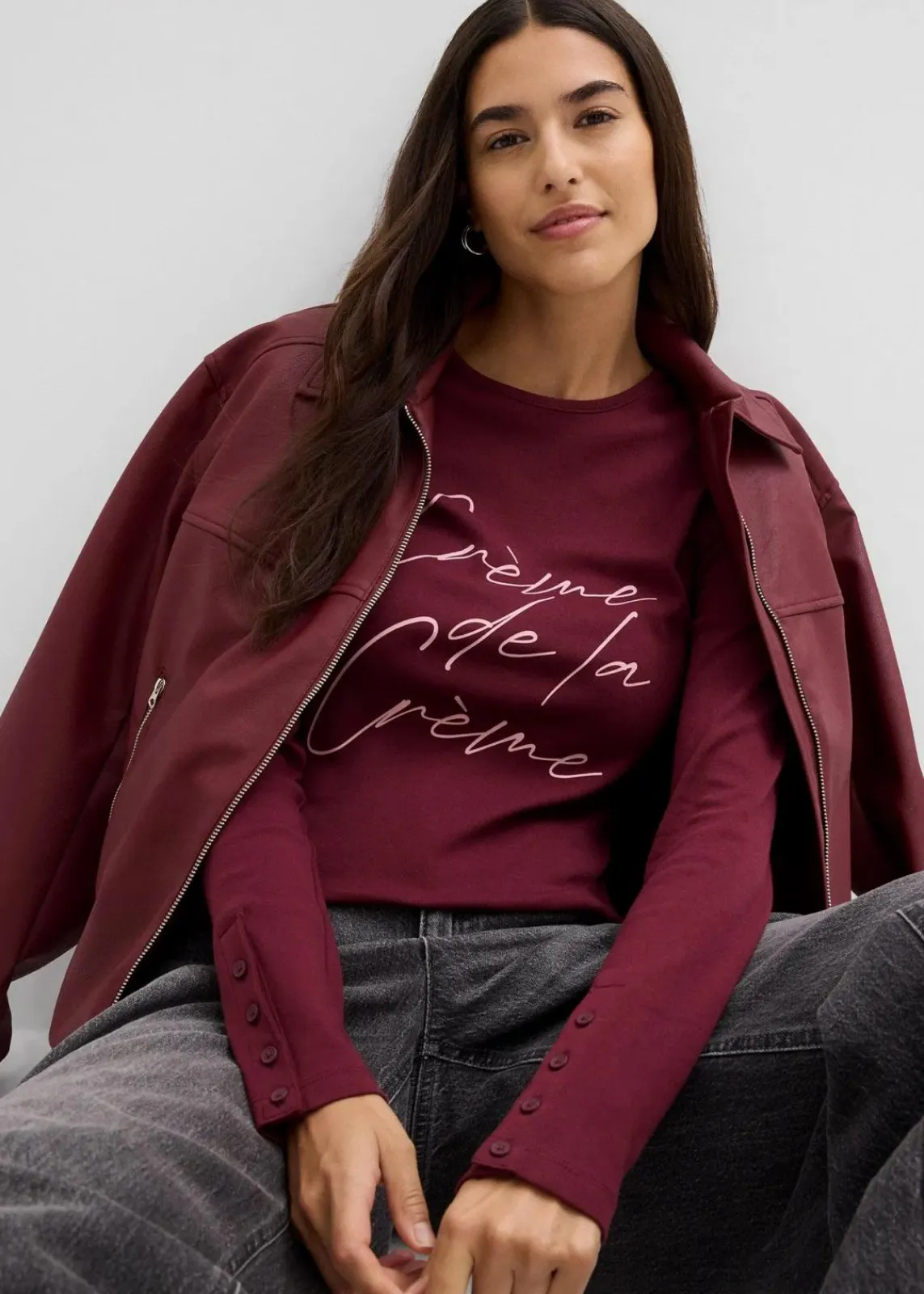 bonprix Nachhaltigere Materialien|Shirts & Tops^Langarmshirt aus reiner Baumwolle dunkelbeere/aschrosa