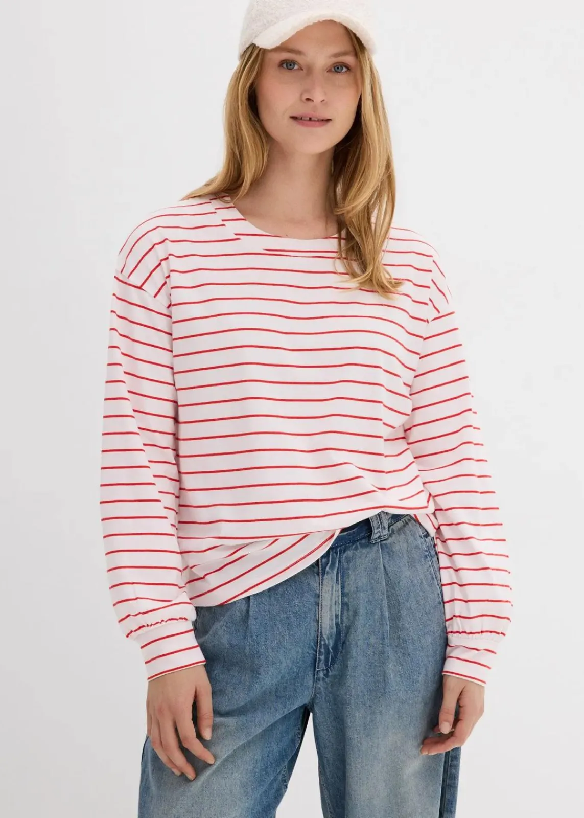 bonprix Nachhaltigere Materialien|Shirts & Tops^Langarmshirt aus reiner Bio-Baumwolle weiß/erdbeere gestreift