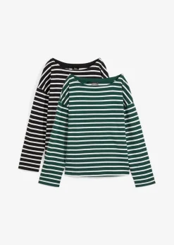 bonprix Bekleidung·Röcke|Nachhaltigere Materialien^Langarmshirt aus reiner Bio-Baumwolle, (2er Pack) tiefgrün/weiß gestreift + schwarz/weiß gestreift