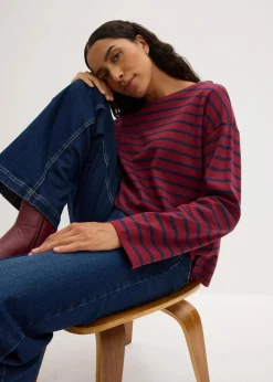 bonprix Shirts & Tops|Basics^Langarmshirt aus reiner Bio-Baumwolle, (2er Pack) rubinrot/dunkelblau gestreift + schwarz/weiß gestreift