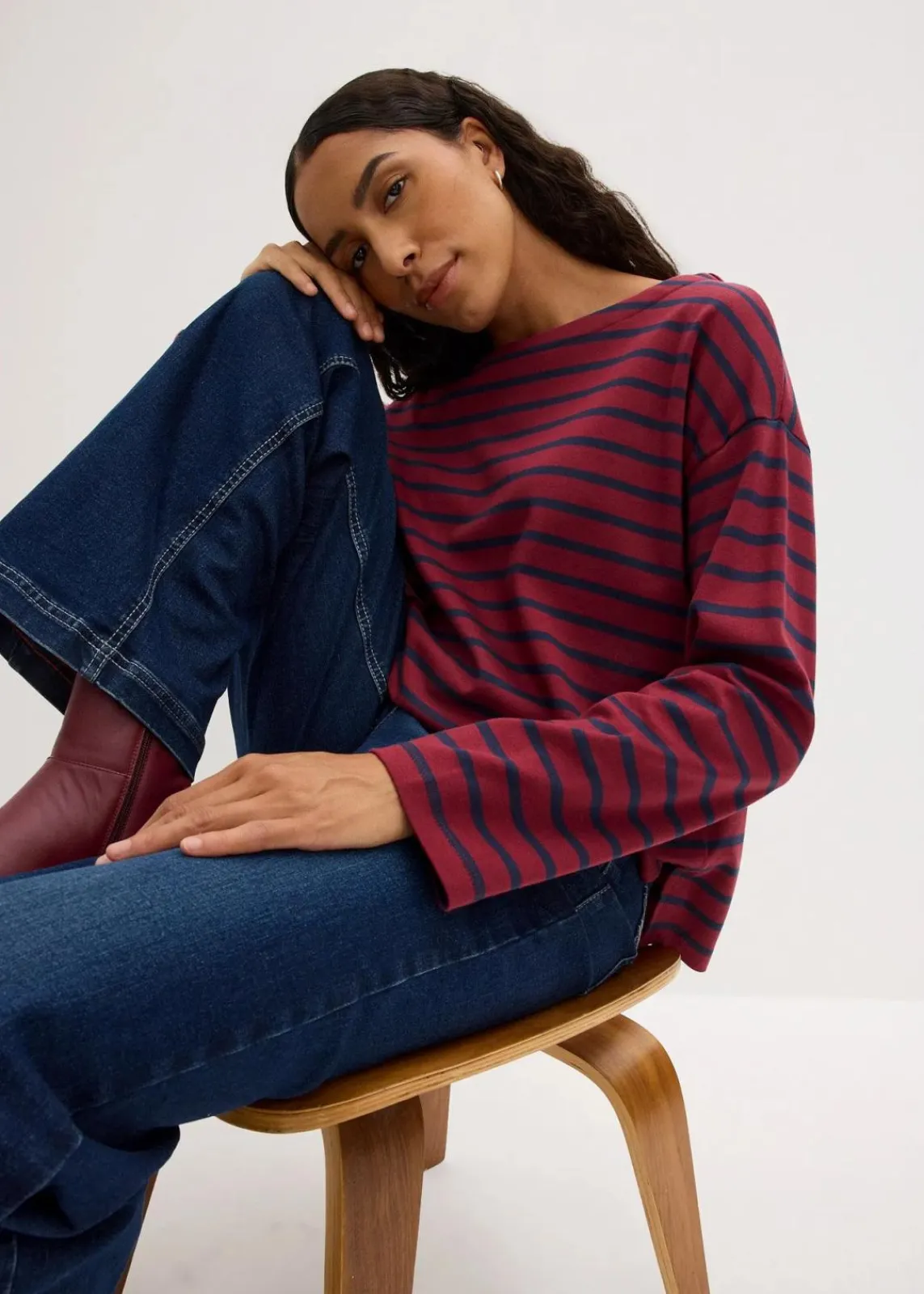 bonprix Shirts & Tops|Basics^Langarmshirt aus reiner Bio-Baumwolle, (2er Pack) rubinrot/dunkelblau gestreift + schwarz/weiß gestreift