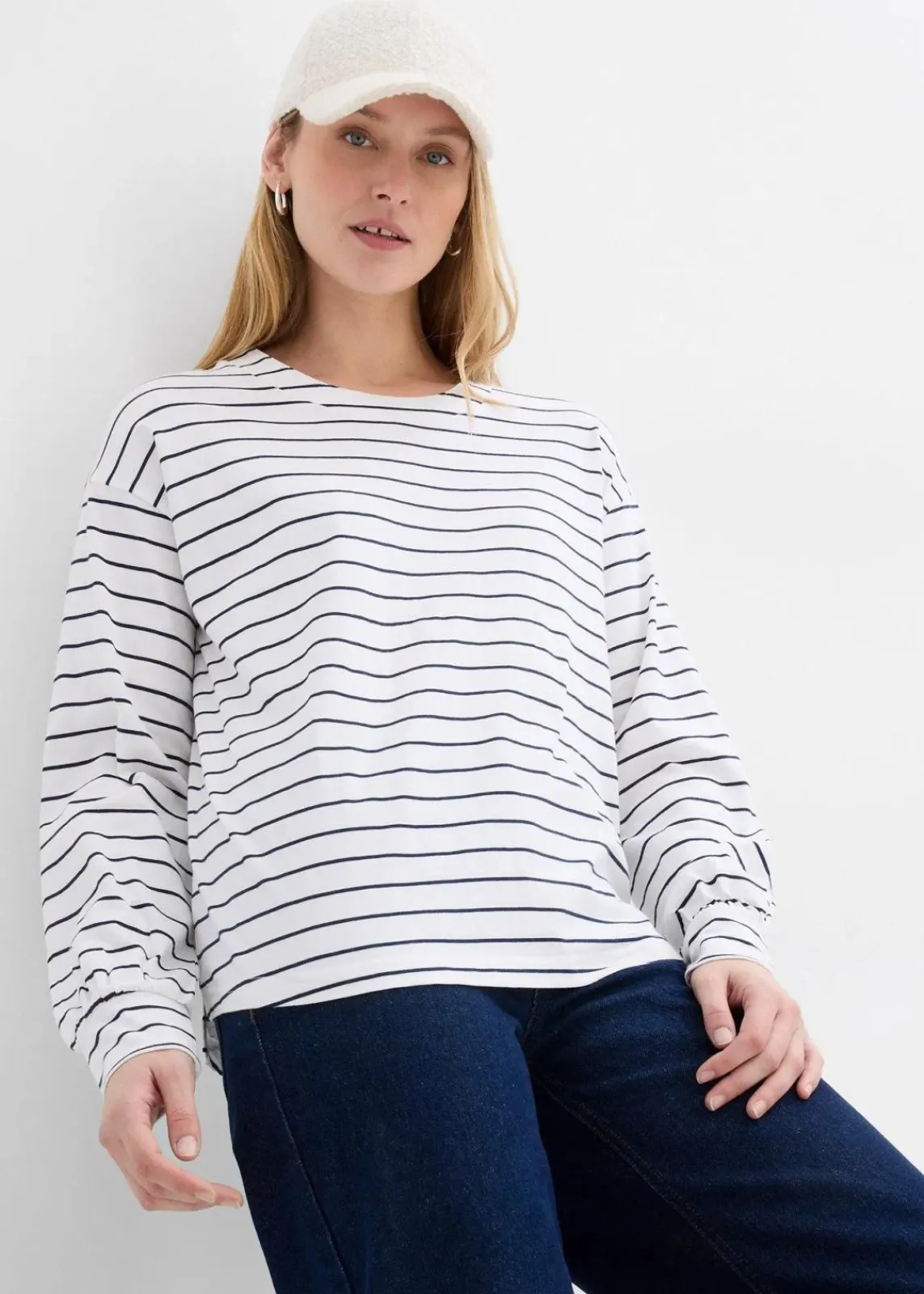 bonprix Nachhaltigere Materialien|Shirts & Tops^Langarmshirt aus reiner Bio-Baumwolle weiß/dunkelblau gestreift