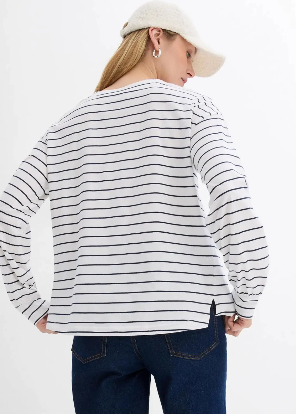 bonprix Nachhaltigere Materialien|Shirts & Tops^Langarmshirt aus reiner Bio-Baumwolle weiß/dunkelblau gestreift