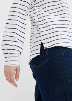 bonprix Nachhaltigere Materialien|Shirts & Tops^Langarmshirt aus reiner Bio-Baumwolle weiß/dunkelblau gestreift