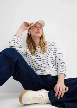 bonprix Nachhaltigere Materialien|Shirts & Tops^Langarmshirt aus reiner Bio-Baumwolle weiß/dunkelblau gestreift