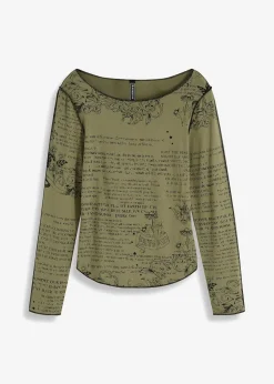 bonprix Shirts & Tops^Langarmshirt aus softer Viskose oliv/schwarz bedruckt