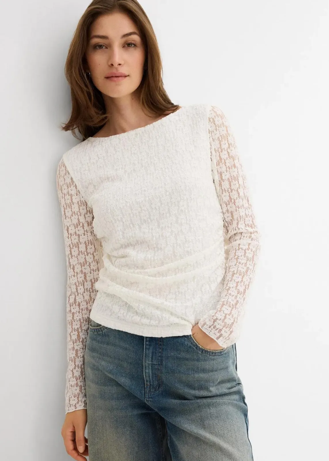 bonprix Shirts & Tops^Langarmshirt aus Spitze wollweiß
