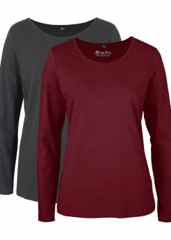 bonprix Shirts & Tops|Basics^Langarmshirt (2er Pack) anthrazit meliert+rubinrot