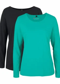 bonprix Shirts & Tops|Basics^Langarmshirt (2er Pack) smaragd+schwarz