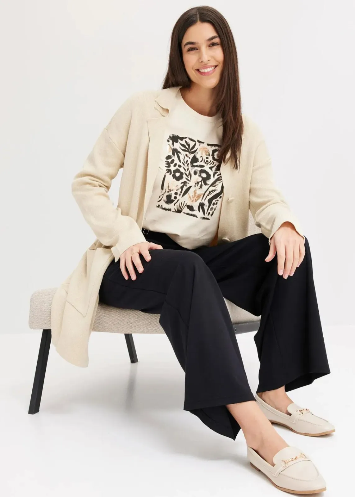 bonprix Shirts & Tops^Langarmshirt mit Bio-Baumwolle kieselbeige/schwarz/mokkabraun bedruckt