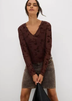 bonprix Shirts & Tops^Langarmshirt mit Flockprint terrabraun