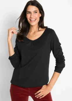 bonprix Nachhaltigere Materialien|Shirts & Tops^Langarmshirt mit Gummizug aus reiner Baumwolle schwarz