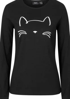 bonprix Nachhaltigere Materialien|Shirts & Tops^Langarmshirt mit Katzendruck schwarz
