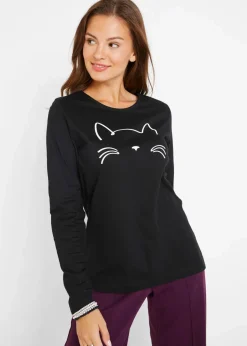 bonprix Nachhaltigere Materialien|Shirts & Tops^Langarmshirt mit Katzendruck schwarz