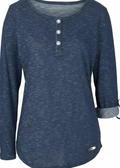 bonprix Shirts & Tops^Langarmshirt mit Knopfleiste aus Baumwoll-Mix dunkelblau meliert