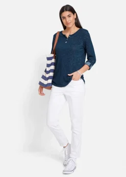 bonprix Shirts & Tops^Langarmshirt mit Knopfleiste aus Baumwoll-Mix dunkelblau meliert