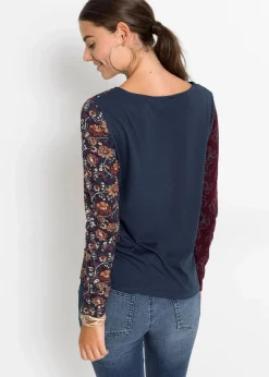 bonprix Shirts & Tops|Nachhaltigere Materialien^Langarmshirt mit Knöpfen dunkelblau bedruckt
