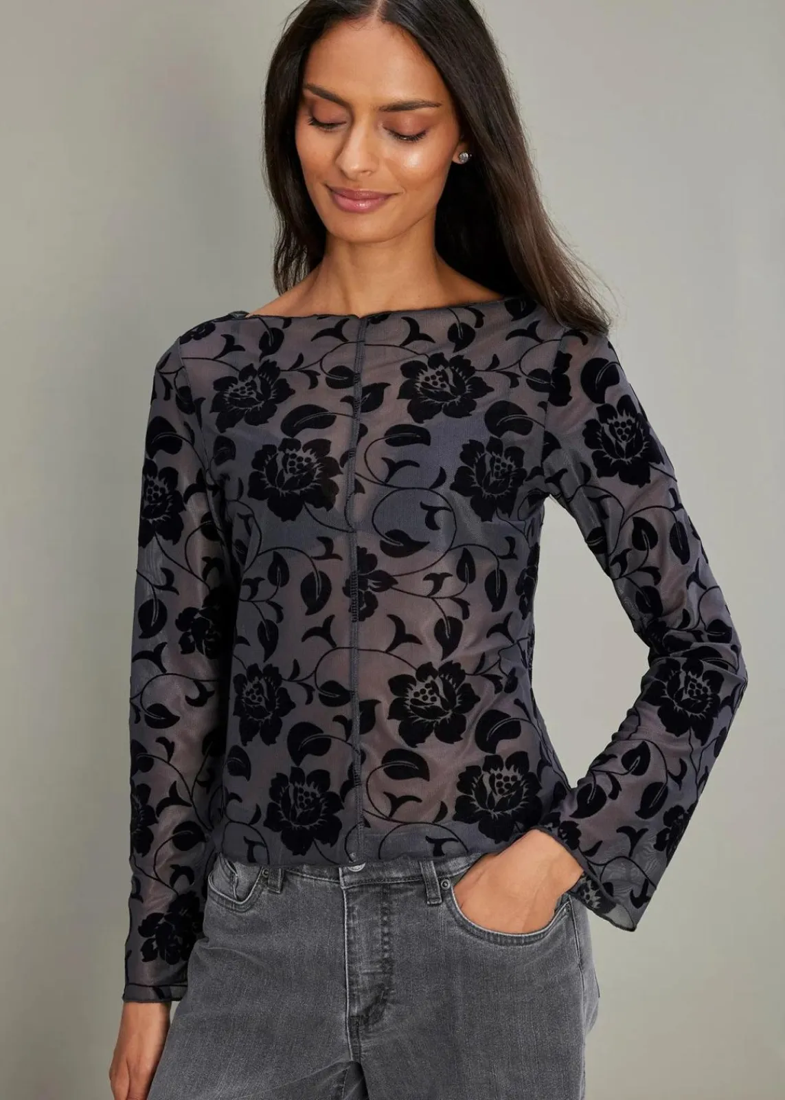 bonprix Shirts & Tops^Langarmshirt mit leichter Transparenz anthrazit