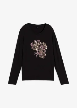 bonprix Shirts & Tops^Langarmshirt mit Pailletten schwarz/gold bedruckt