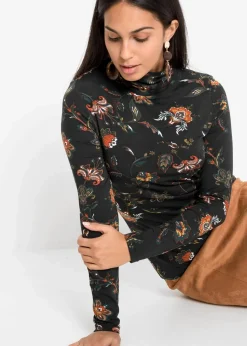 bonprix Nachhaltigere Materialien|Shirts & Tops^Langarmshirt mit Rollkragen schwarz geblümt
