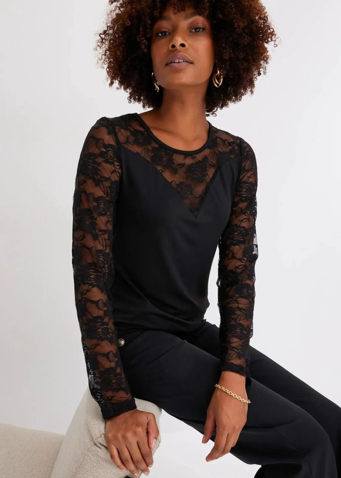 bonprix Shirts & Tops^Langarmshirt mit Spitze schwarz