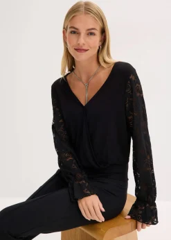 bonprix Shirts & Tops^Langarmshirt mit Spitze schwarz