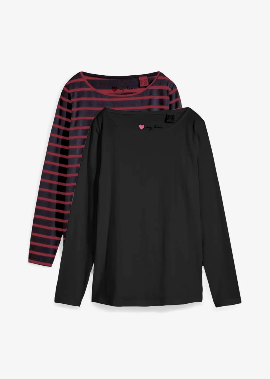 bonprix Shirts & Tops|Basics^Langarmshirt mit U-Boot-Ausschnitt (2er Pack) schwarz + rubinrot/schwarz gestreift