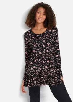 bonprix Shirts & Tops^Lange Shirt-Tunika aus Viskose-Mischung schwarz/antikrosa geblümt