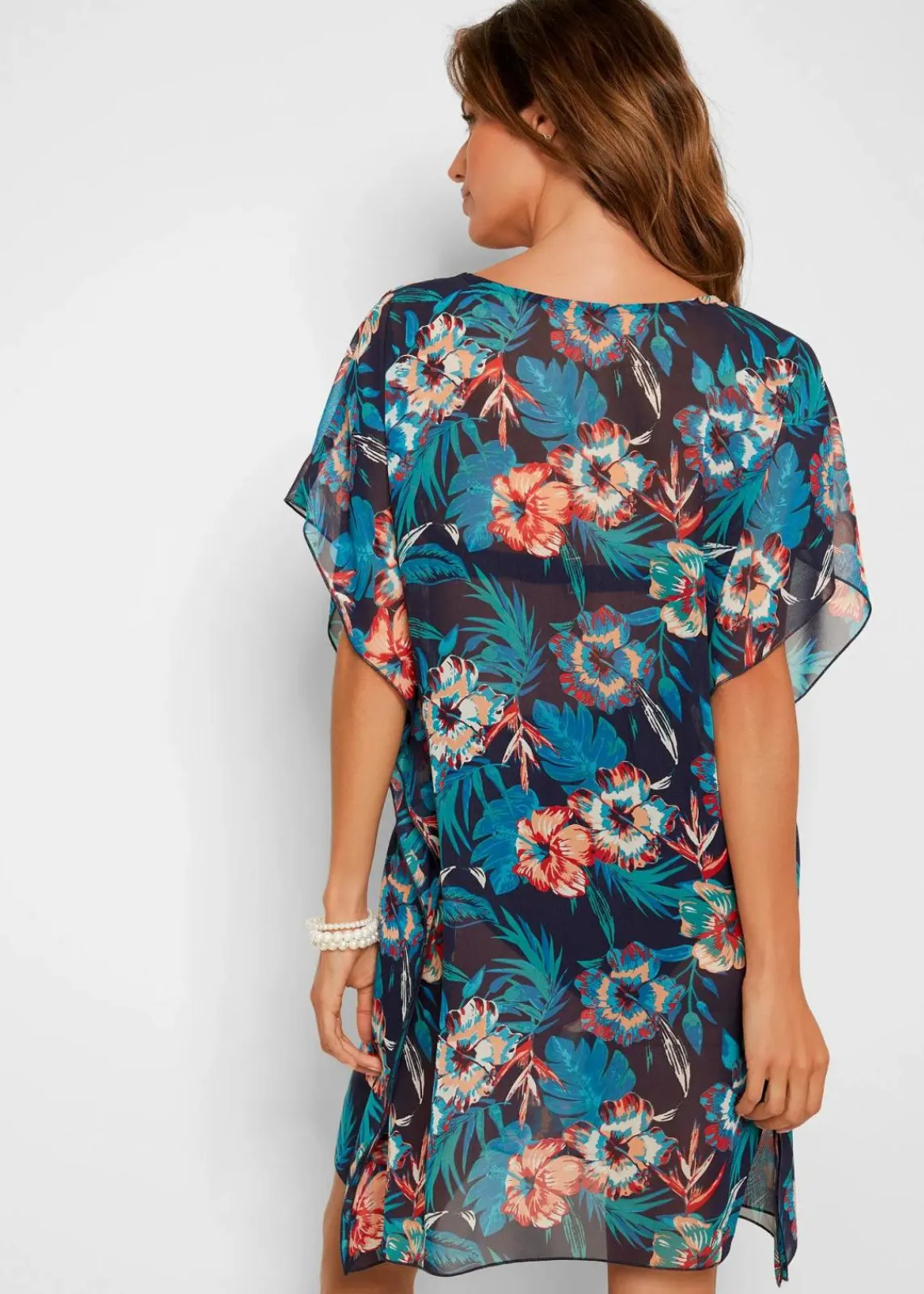 bonprix Strandmode|Bademode·Strandmode^Lange Strandtunika aus leichtem Chiffon dunkelblau/türkis floral