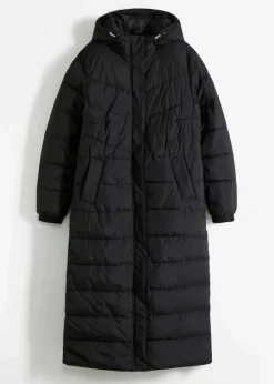 bonprix Jacken & Mäntel|Bekleidung·Hosen^Langer Stepp-Mantel mit Kapuze schwarz