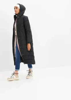bonprix Jacken & Mäntel|Bekleidung·Hosen^Langer Stepp-Mantel mit Kapuze schwarz