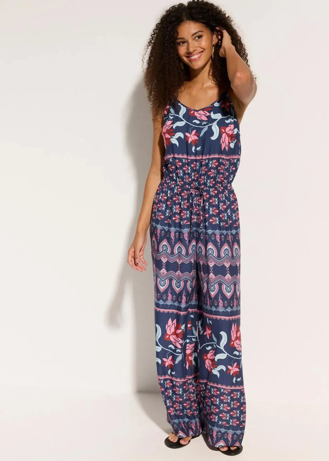 bonprix Strandmode|Jumpsuits^Langer Strandjumpsuit aus fließender Viskose blau/rosa bedruckt