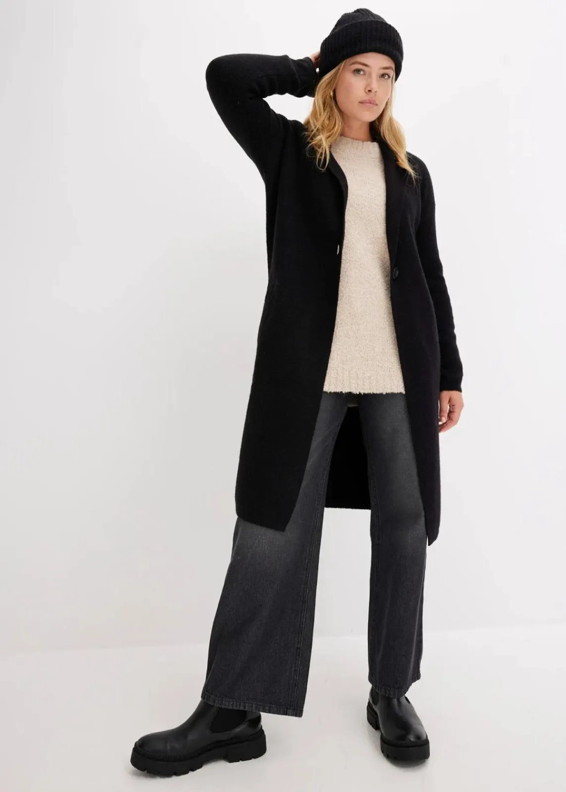 bonprix Bekleidung·Jeans|Pullover & Strickjacken^Langer Strickmantel im Loose Fit schwarz