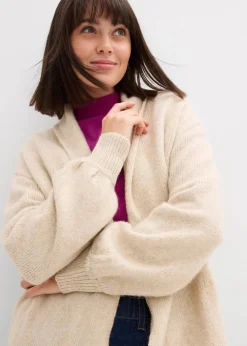 bonprix Pullover & Strickjacken|Strickmode^Langer Strickmantel in Hairy Optik hellsand