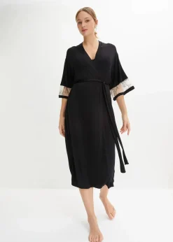 bonprix Wäsche·Dessous|Wäsche·Bademäntel^Langer Viskose Kimono mit Stickerei schwarz/kreidebeige