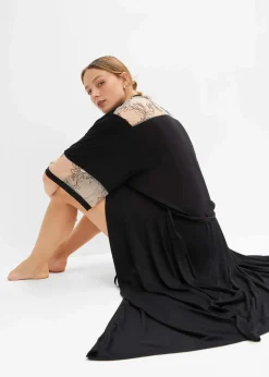 bonprix Wäsche·Dessous|Wäsche·Bademäntel^Langer Viskose Kimono mit Stickerei schwarz/kreidebeige