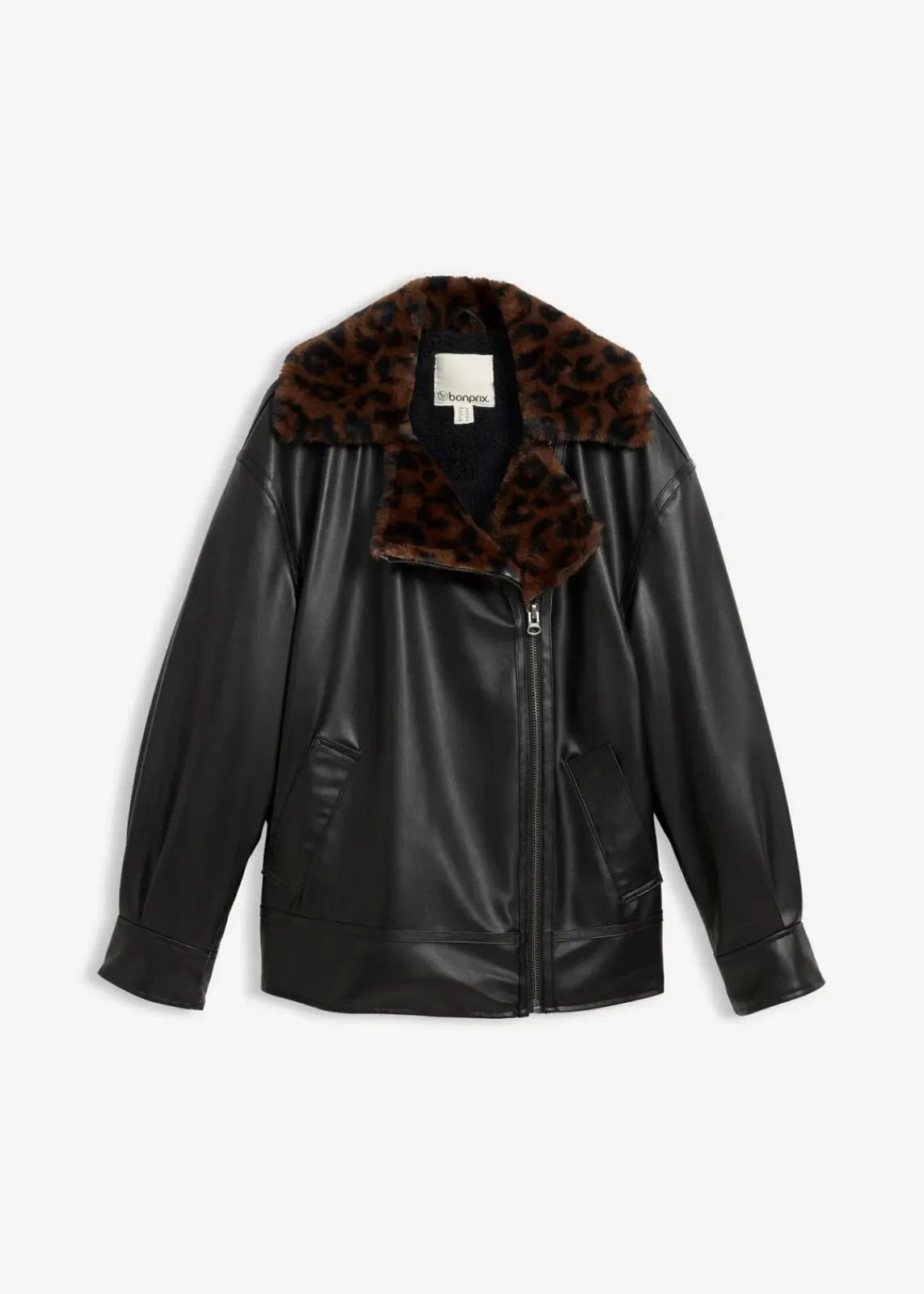 bonprix Bekleidung·Hosen|Jacken & Mäntel^Lederimitat-Jacke mit Leoparden Kunstfell schwarz