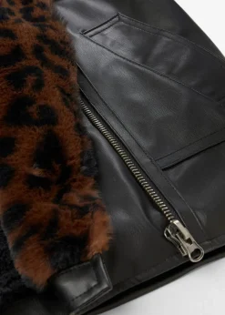 bonprix Bekleidung·Hosen|Jacken & Mäntel^Lederimitat-Jacke mit Leoparden Kunstfell schwarz