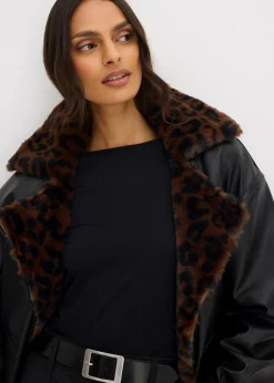 bonprix Bekleidung·Hosen|Jacken & Mäntel^Lederimitat-Jacke mit Leoparden Kunstfell schwarz